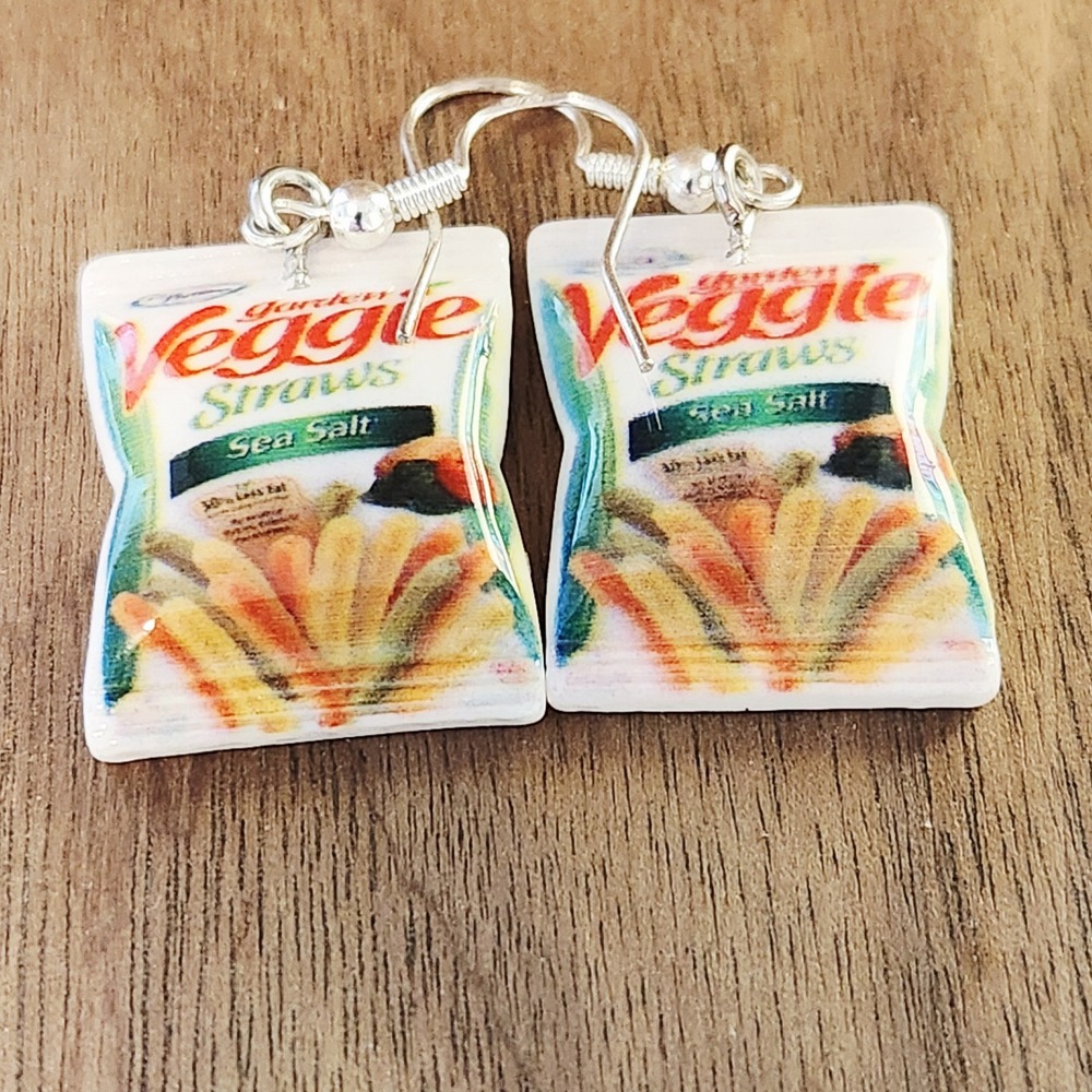 Handcrafted Veggie Snack Bag Dangle Drop Earrings NWOT Women's Casual Fun Gift